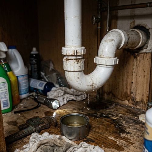 Closeup of a plastic drain pipe under a bathroom sink in spring hill, ks, that is currently leaking slightly and needs repair.