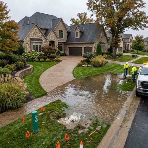 A picture of the front yard of a high end house in Spring Hill, KS where there is some standing water in the front yard due to a leaking water main under the ground.
