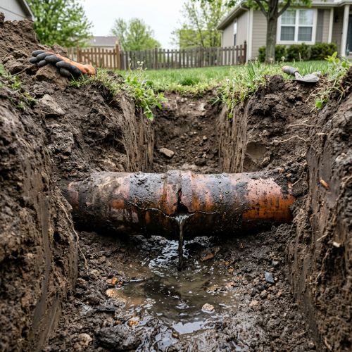 A closeup of a sewer line that has been exposed in a trench in a front yard in spring hill, ks. the pipe is obviously leaking slightly and the fluid is starting to pool under the exposed pipe.