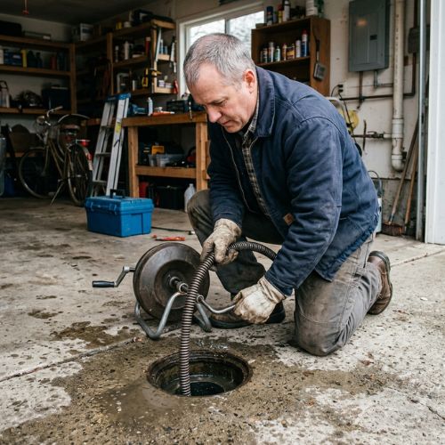 a plumber is running a pipe snake down an open drain in a garage concrete floor in spring hill, ks.