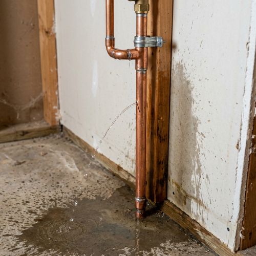 a very closeup picture of a copper water line in a basement in spring hill, ks that has cracked and has a thin squirting line of water coming out from the leak.