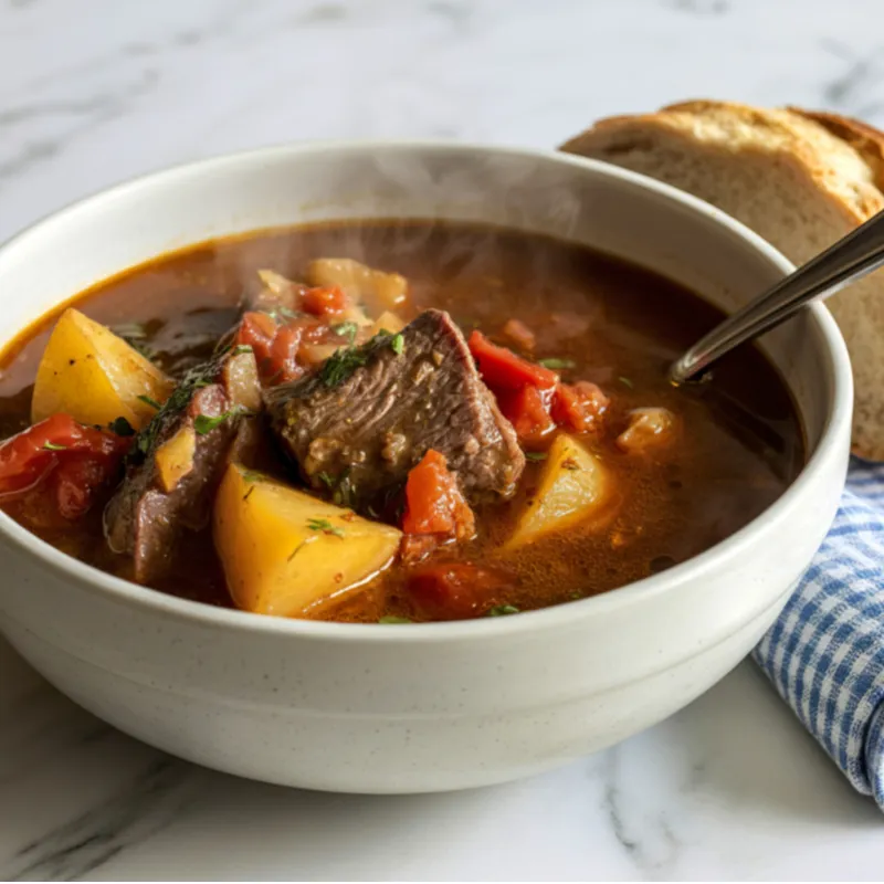 Steaming bowl of beef stew with vegetables and warm bread, evoking comforting nourishment for moms seeking calm and balance
