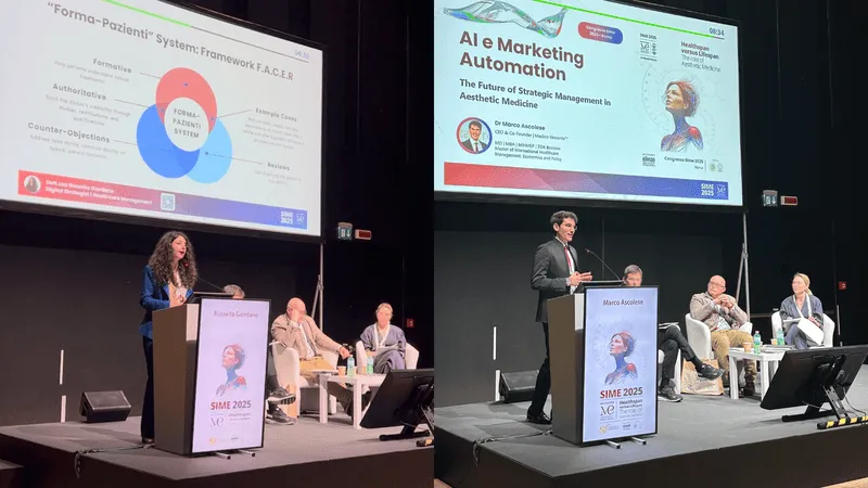 Immagine chiara Dr Marco Ascolese e la Dott.ssa Rossella Giordano sul palco del Congresso Sime durante i loro interventi di marketing per medici