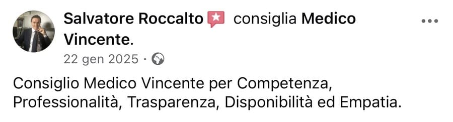 Recensione su Facebook 5 stelle del Dr Salvatore Roccalto - Medico Chirurgo - Specialista della patologia sacroiliaca per il metodo di marketing per medici Medico Vincente