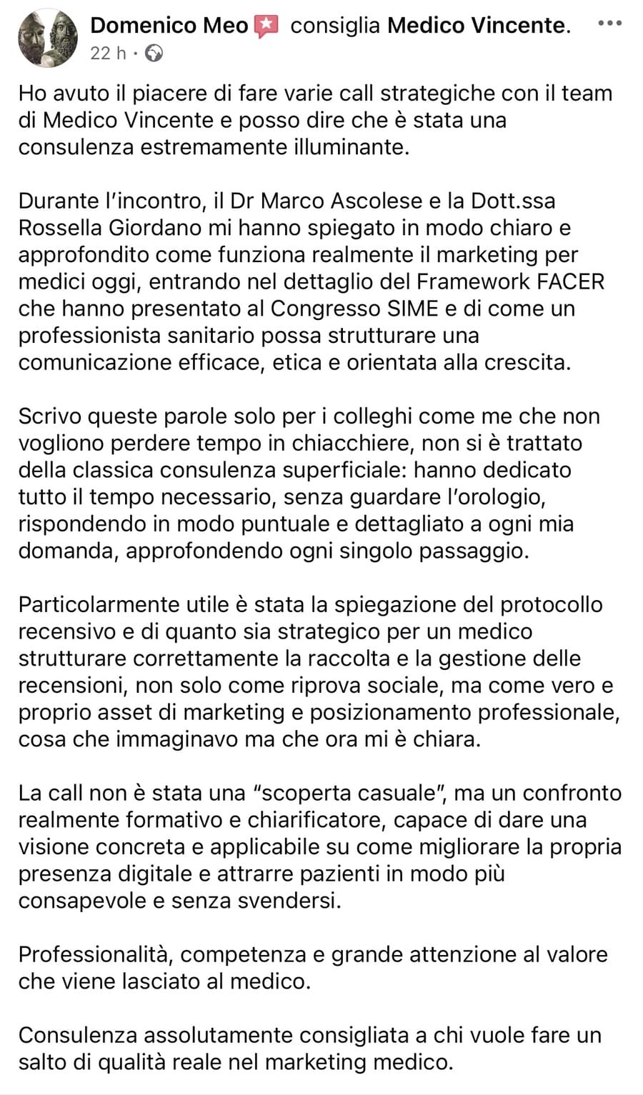 Recensione su Facebook 5 stelle del Dr Domenico - Medico Chirurgo - Specialista chirurgia plastica ricostruttiva ed estetica per il metodo di marketing per medici Medico Vincente