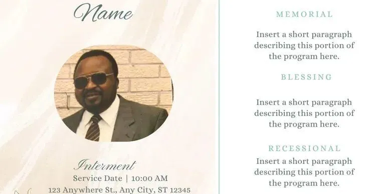 A memorial program design featuring a photo of a man in a suit with space for text, indicating program design services.