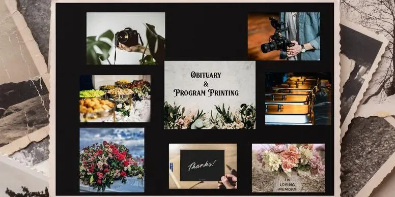 A collage of different photos and designs, showing referral services for various memorial products.