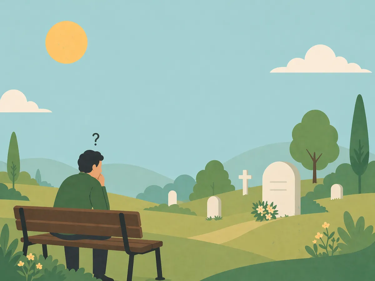 A minimalist illustration of a confused person sitting in a bench located in the cemetery.