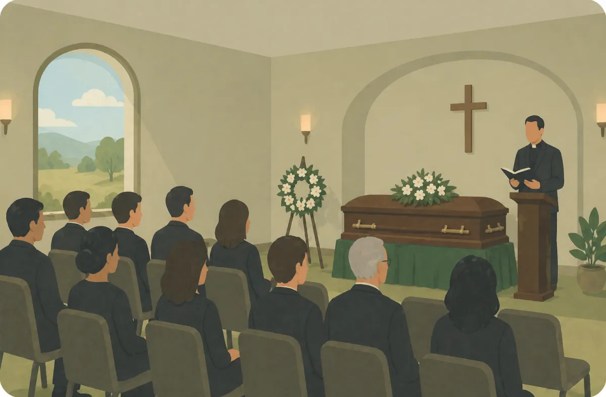 A minimalist illustration of a confused person sitting in a bench located in the cemetery.