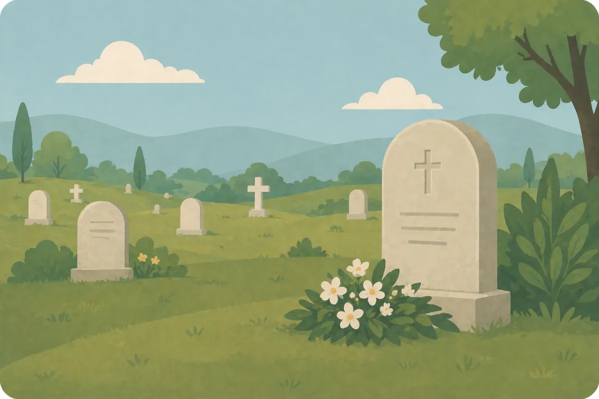 A minimalist illustration of a confused person sitting in a bench located in the cemetery.