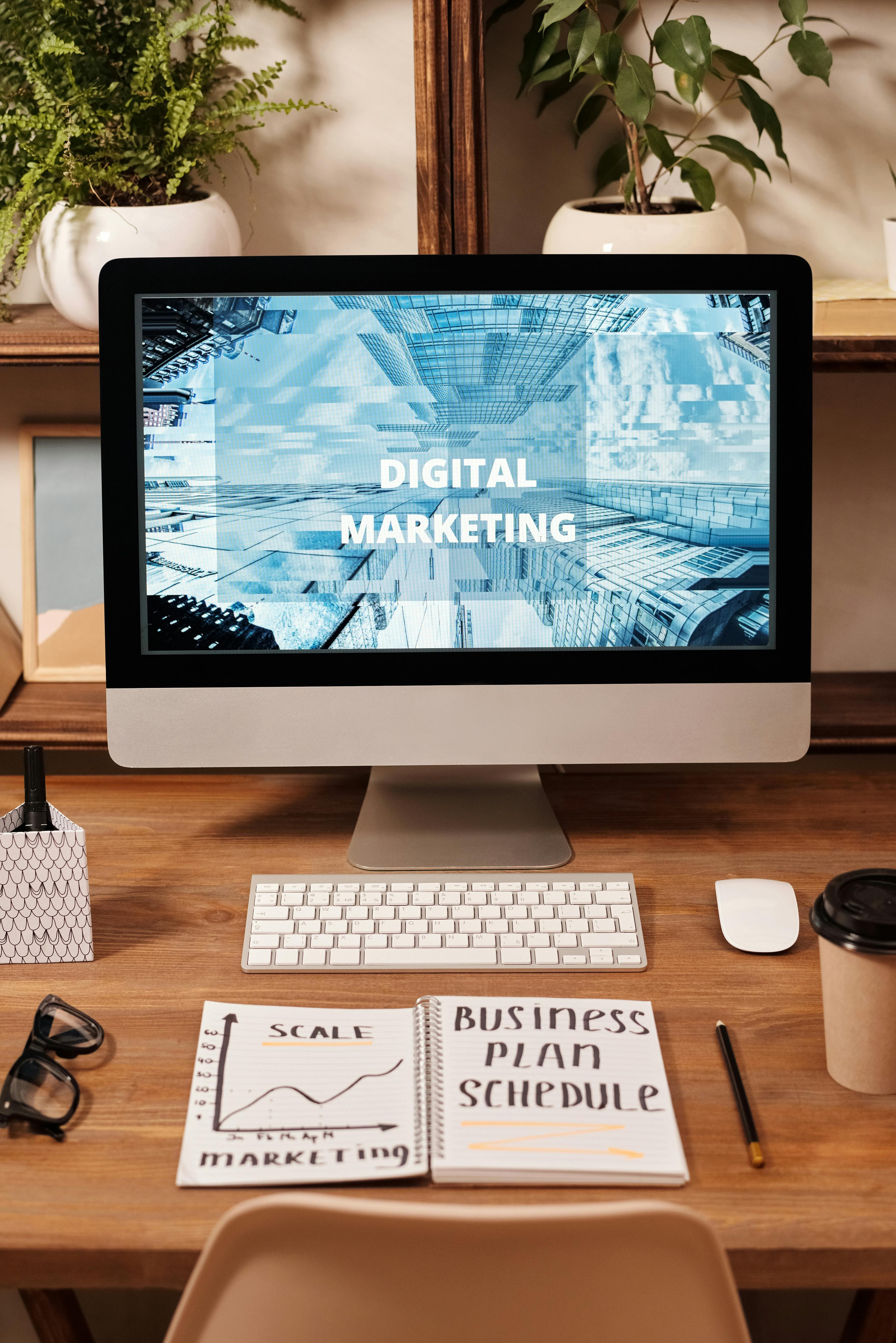 desk top computer displaying digital marketing page