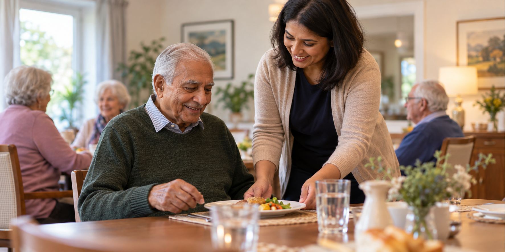 Older resident receiving mealtime assistance in a welcoming senior community