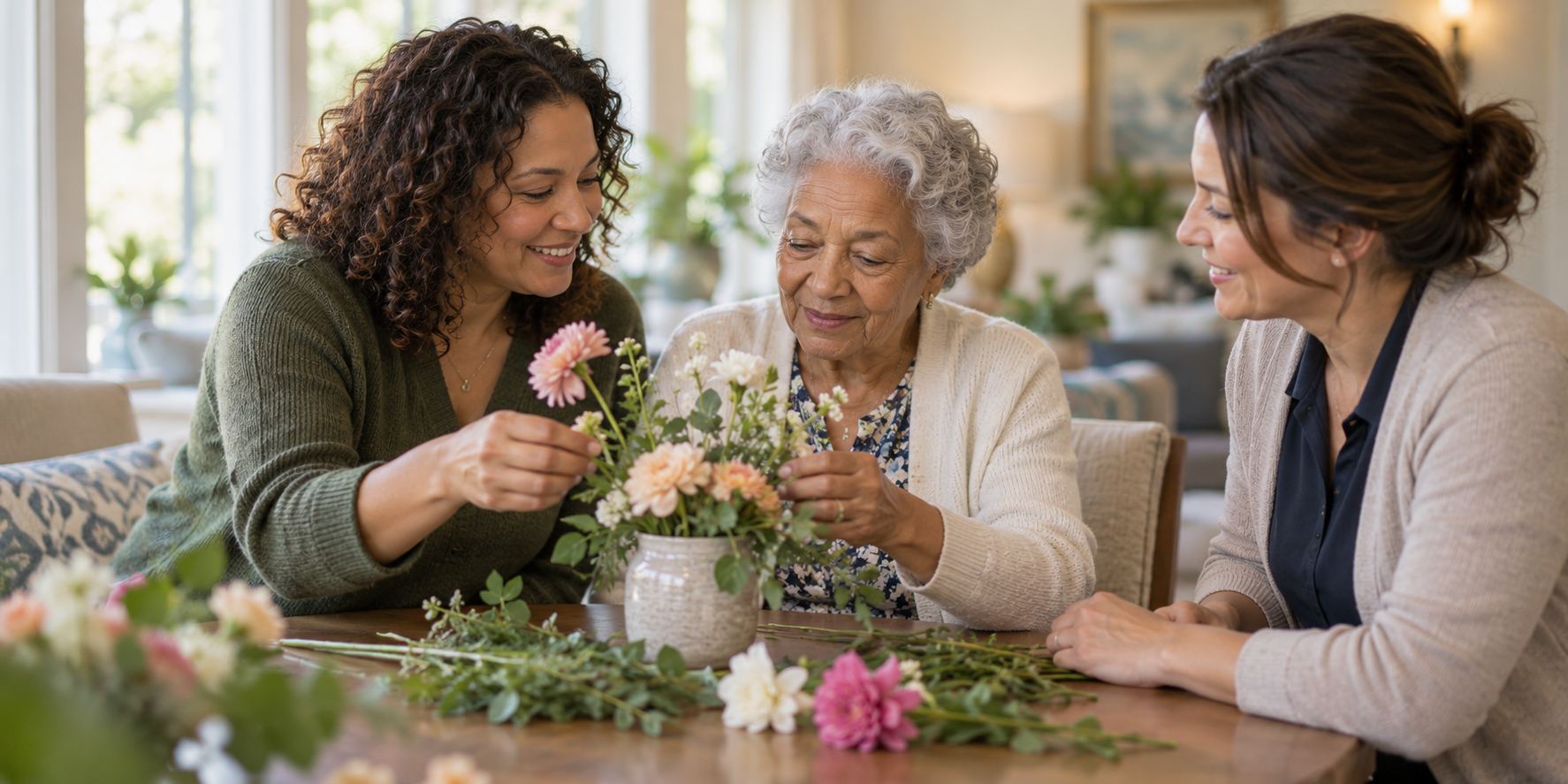 Older woman arranging flowers with family and support in a calm home setting
