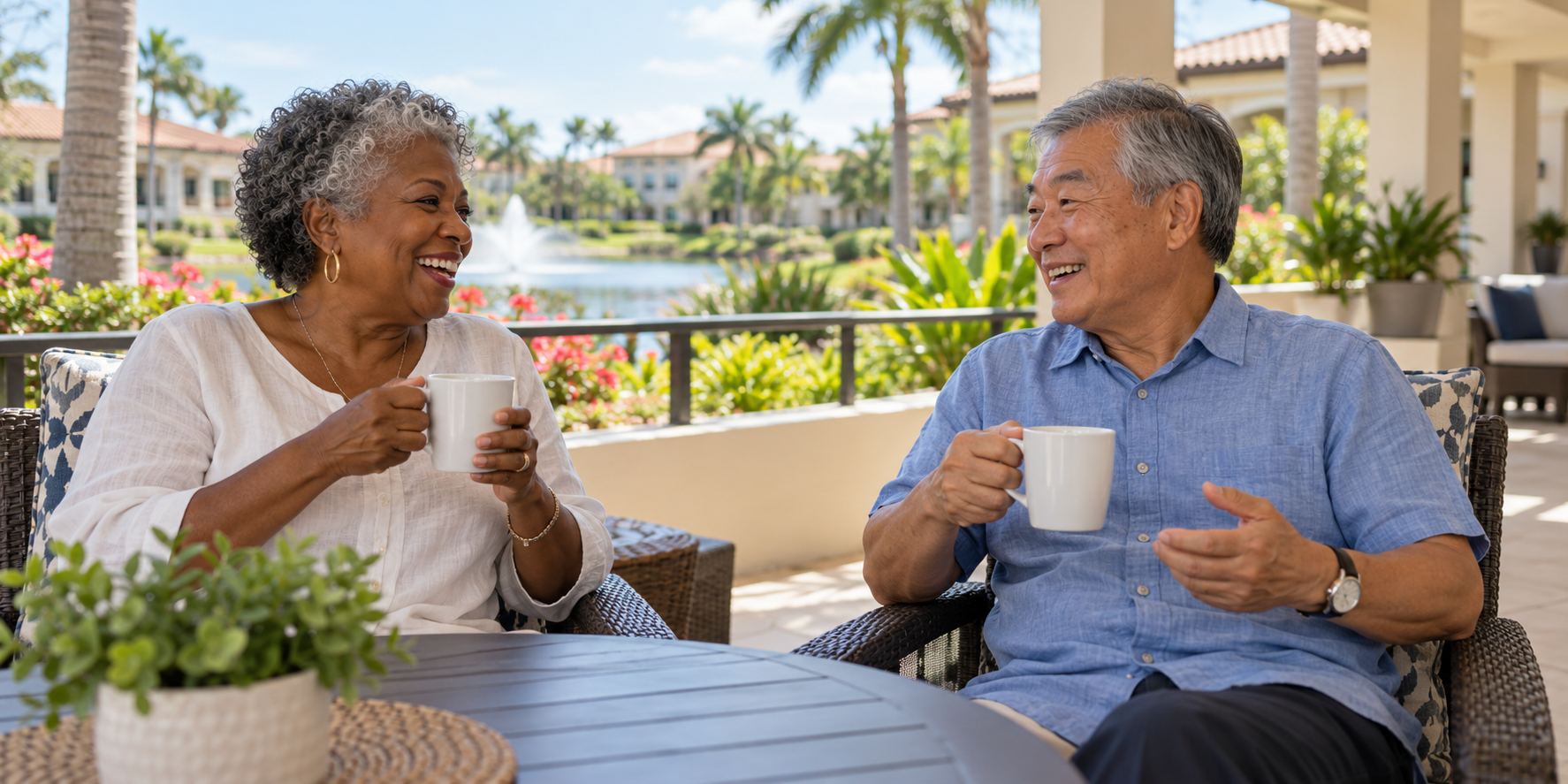 Older friends enjoying coffee on a sunny community terrace