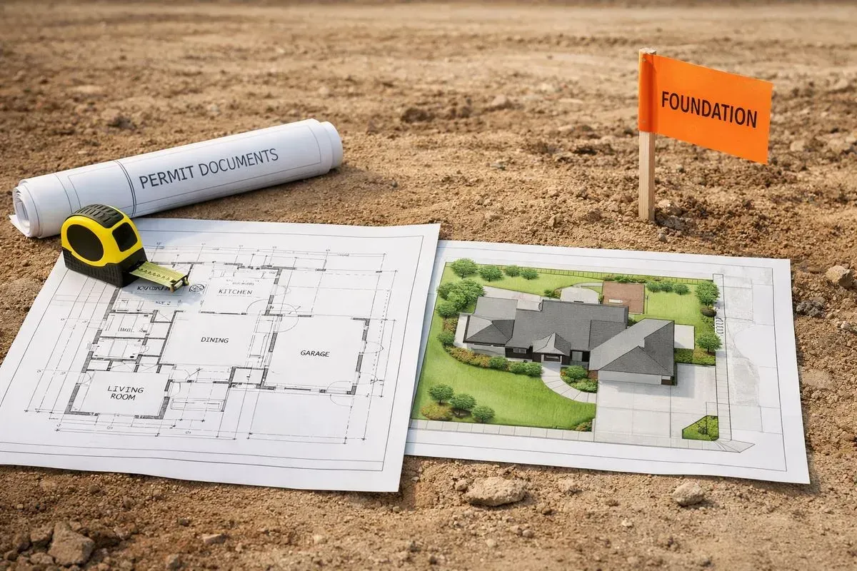 Building permit documents, house blueprints, architectural rendering, and tape measure on a graded dirt construction site with an orange foundation marker flag