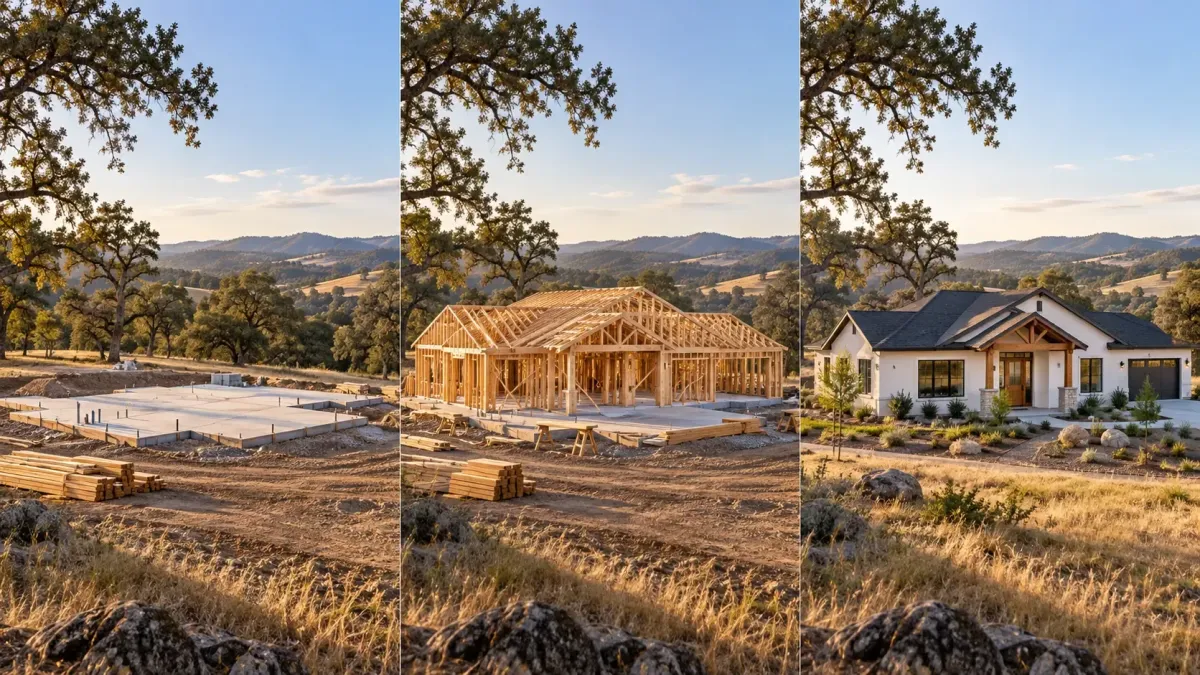 Custom home construction progressing from concrete foundation to wood framing to a finished home on a rural lot.