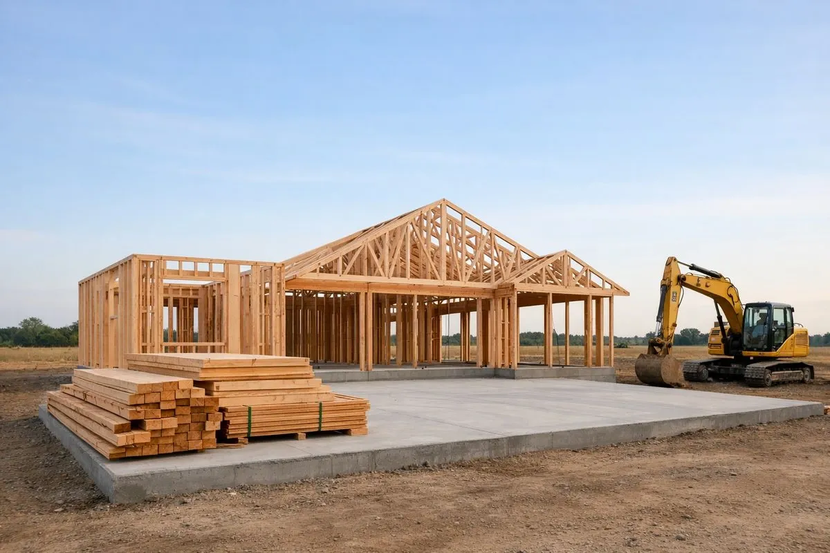 A wooden house frame under construction on a concrete foundation with stack of lumber and a yellow excavator parked nearby.