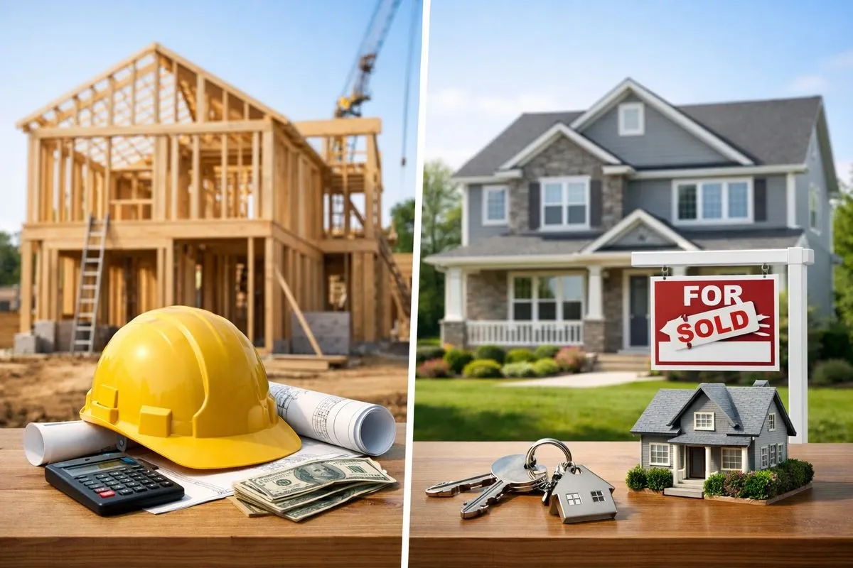 A split image comparing building vs buying a home, showing construction tools on the left and house keys with a sold sign on the right.