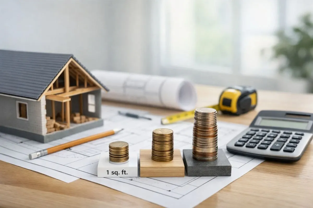 A architectural blueprint on a wooden desk with a miniature house model, a calculator, and rising stacks of coins labeling cost per square foot.