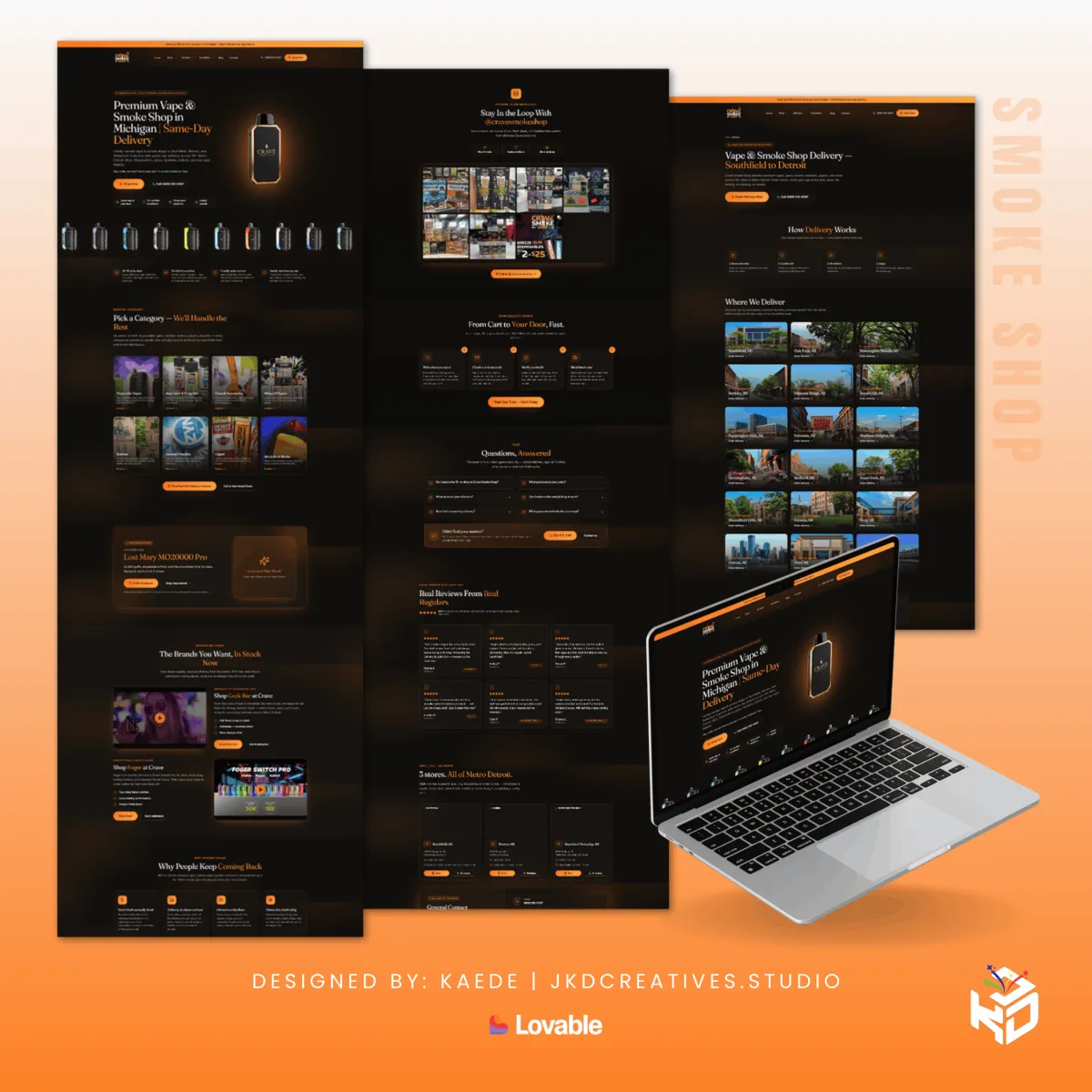 Dark, high-converting smoke shop website redesign, Michigan, built in Lovable