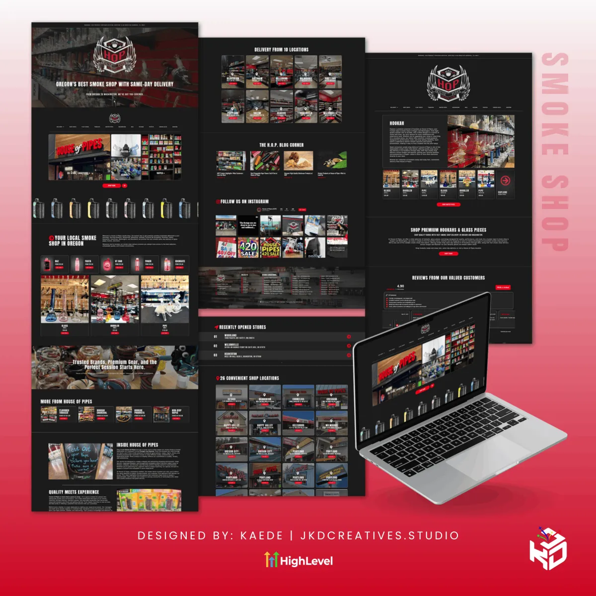 55-page smoke shop website covering 26 store locations and 10 delivery areas, Oregon and Washington, built in GoHighLevel