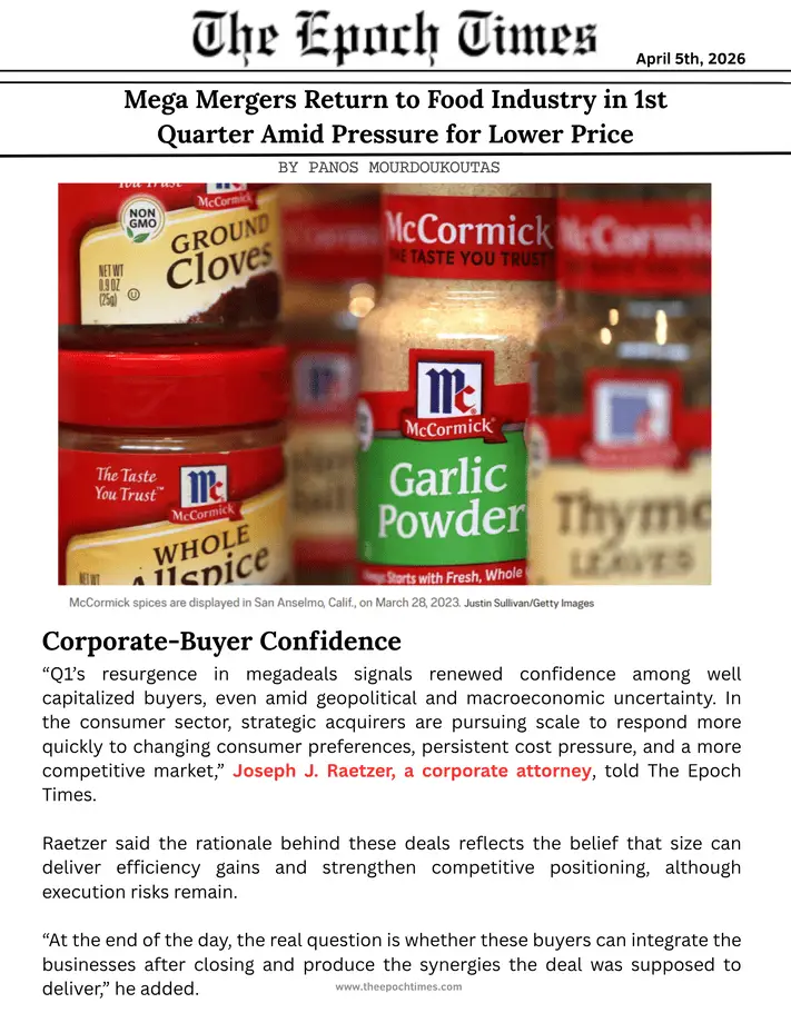 RAETZER Quoted in an M&A News Article