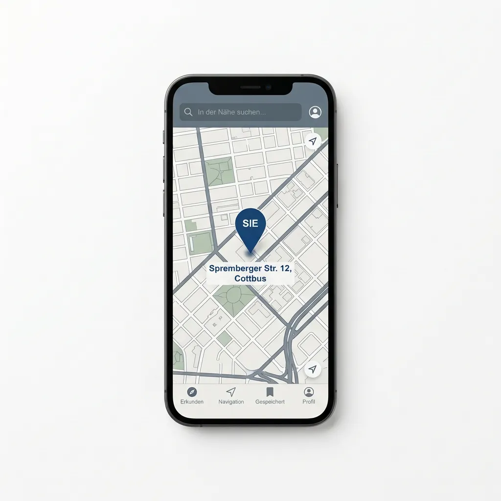 Smartphone mit geöffneter Google-Maps-Karte (Kartenansicht mit Pin) – passend für Webdesign & Digital Marketing.
