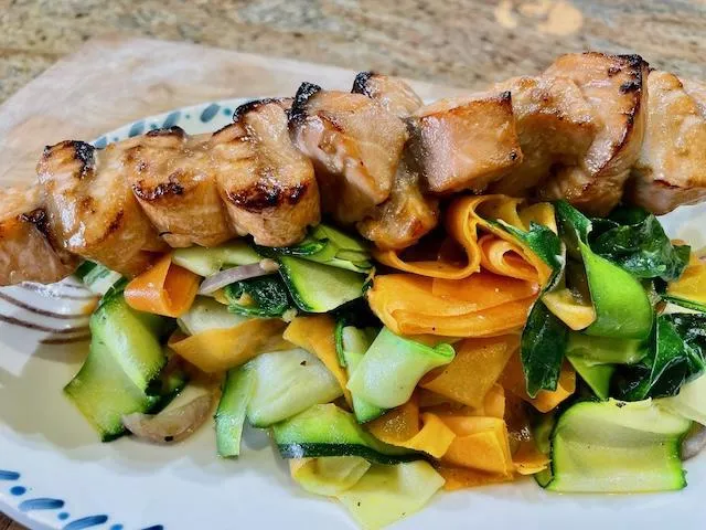 Asian Salmon Skewers with Ribbon Vegetables