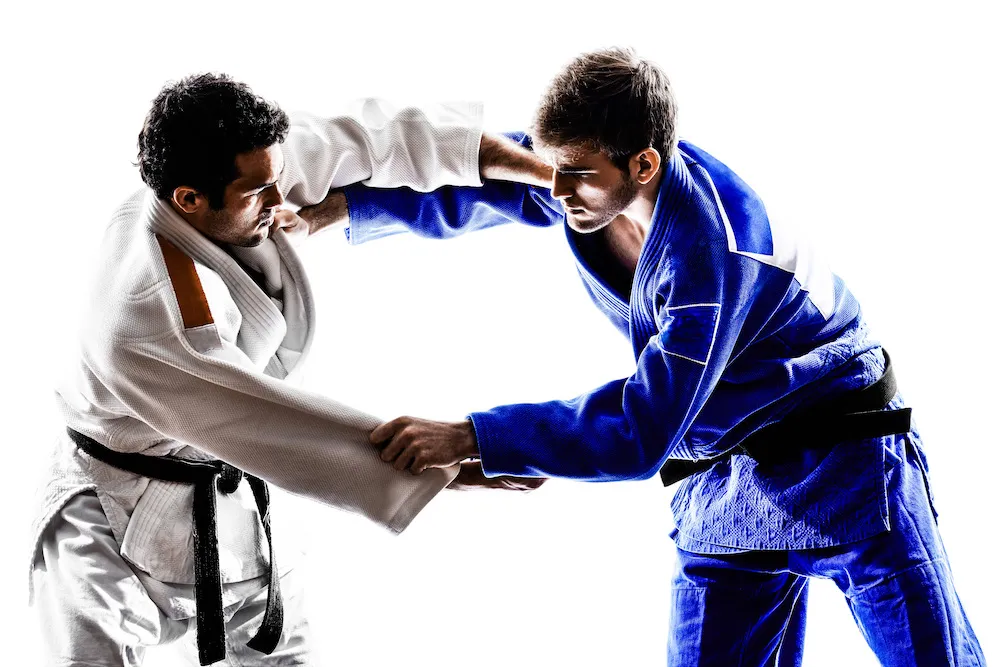 Adults practicing Brazilian Jiu-Jitsu grips