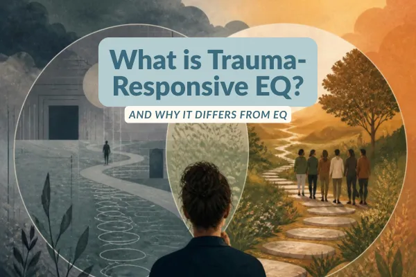Illustration of a woman viewing two overlapping circles — a grey concrete path and a sunlit valley where people walk together. Text: "What is Trauma-Responsive EQ? And why it differs from EQ."
