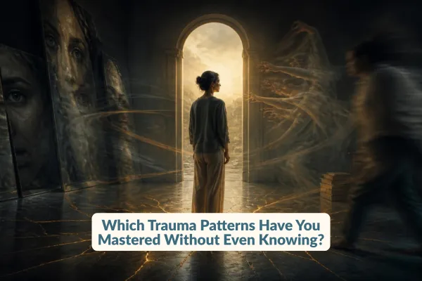 A woman faces a glowing doorway in a dark room, surrounded by fragmented faces and ghostly reaching hands. Text reads: “Which Trauma Patterns Have You Mastered Without Even Knowing?”