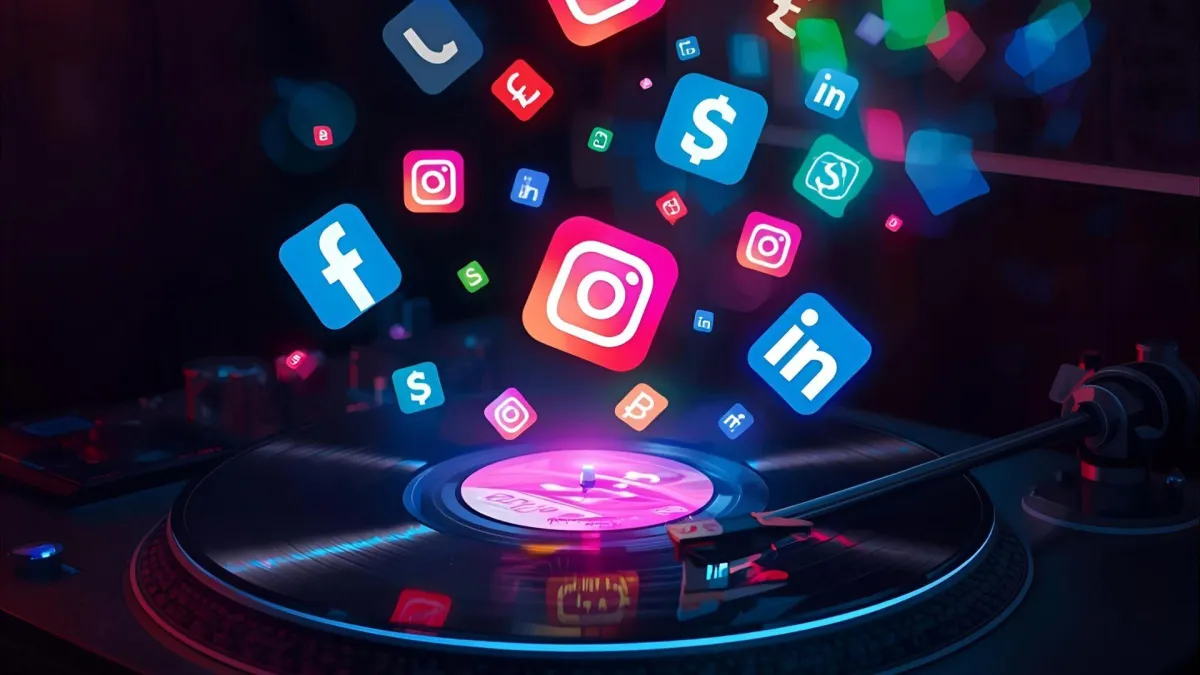 Record sinning on a record player with social media icons and money symbols flying from it
