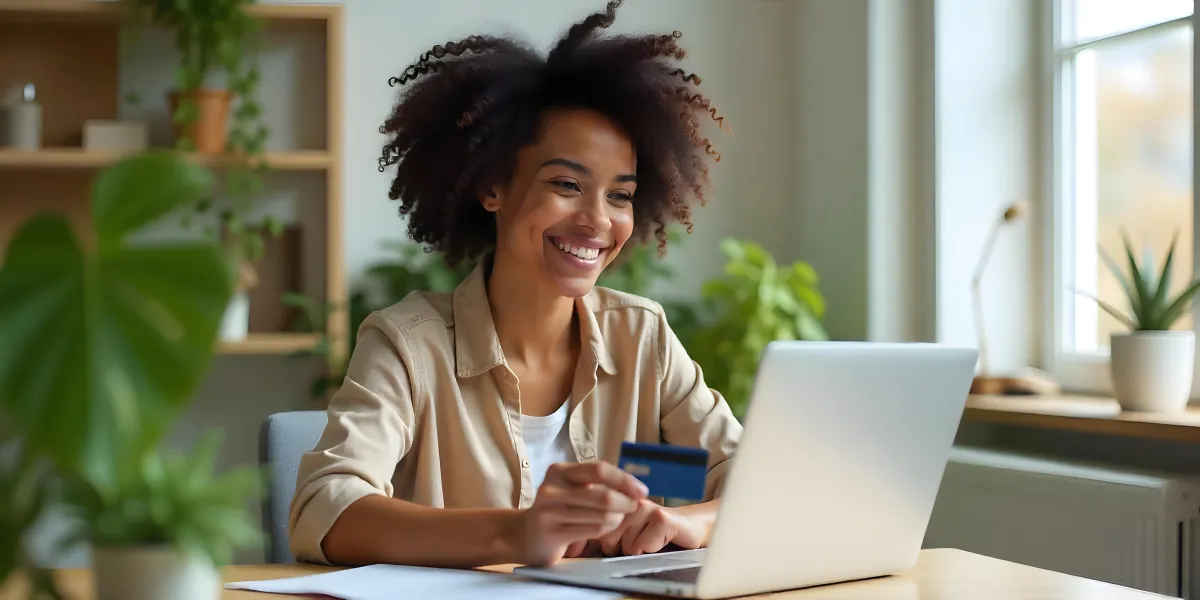 Woman at laptop with her credit card in her hand, excited after purchasing multiple micro offers she is eager to dive into