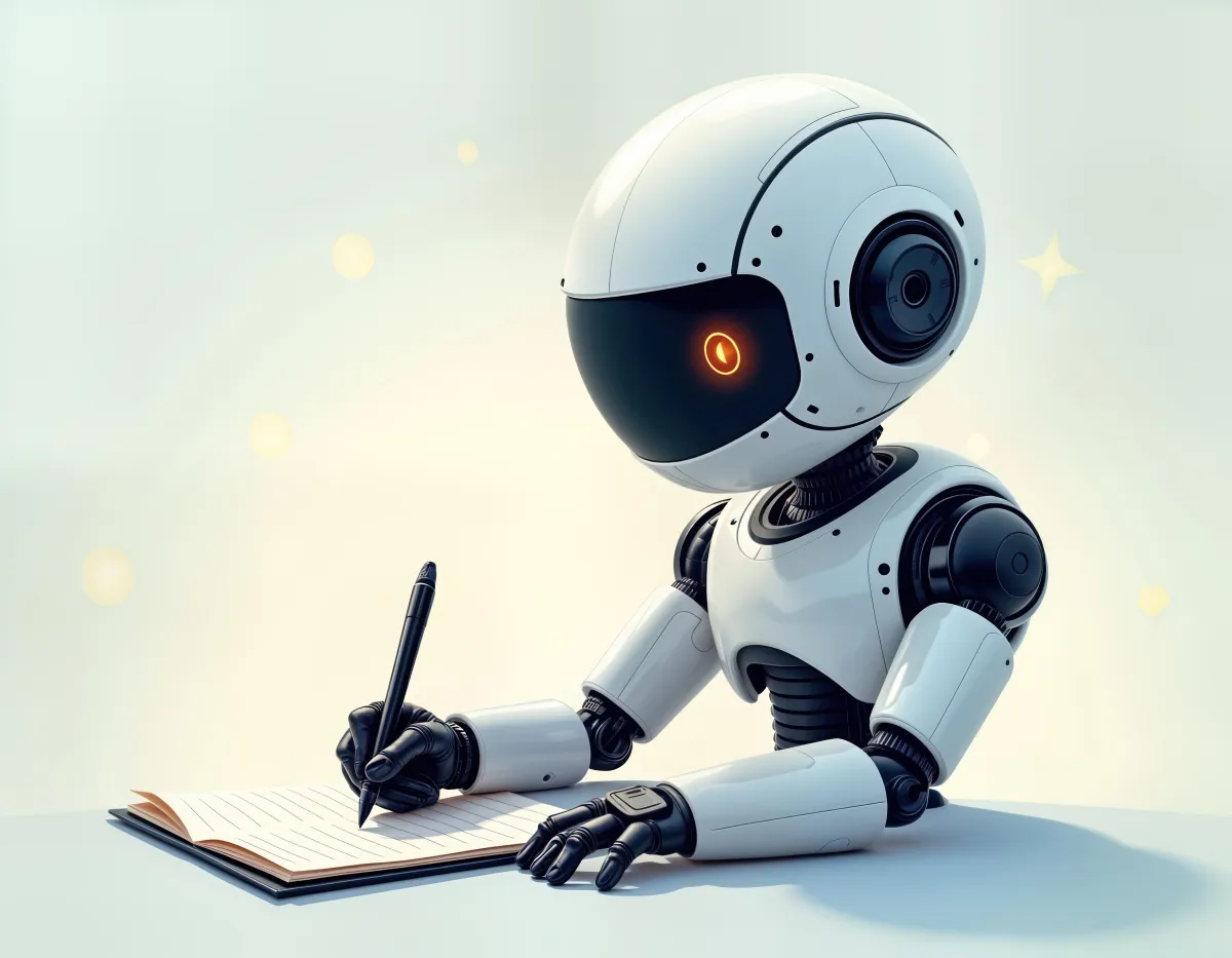 Cute robot with a pen in its hand -your copy co-writer with this bonus prompt pack