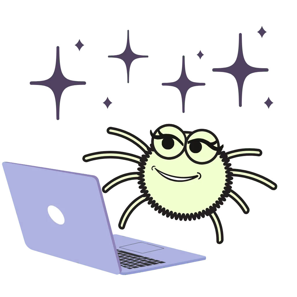 Webby the spider brand mascot on her purple laptop