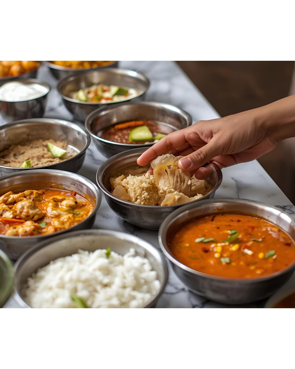 A hand serving South Indian home-cooked dishes, symbolizing confidence and a fully realized culinary journey.