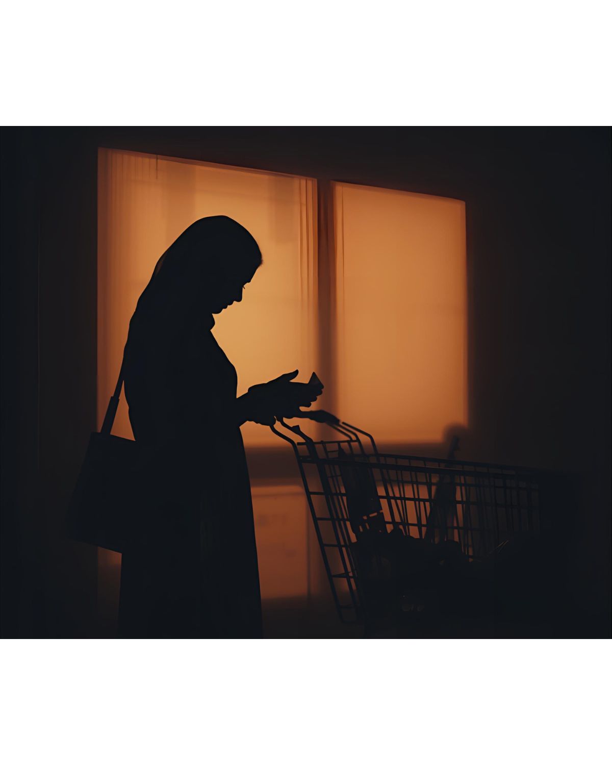 Silhouette of a woman with a grocery cart, capturing the feeling of navigating food and identity after moving to America.