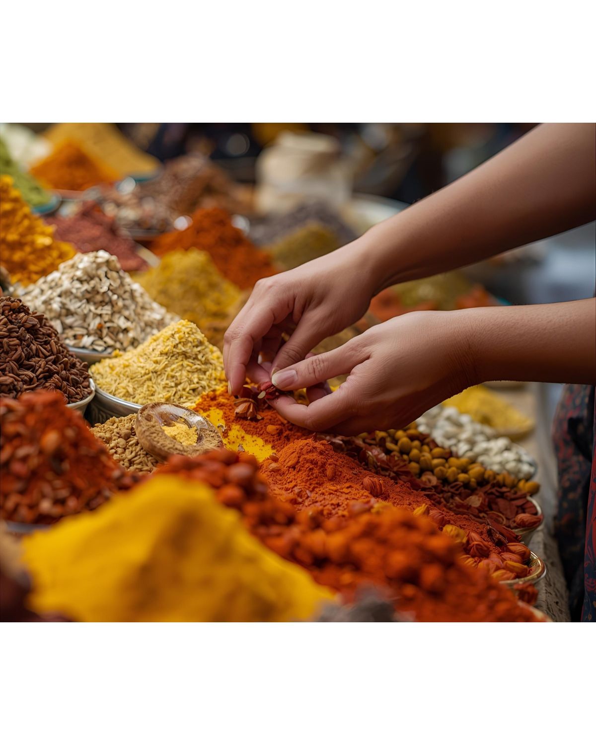 Hands exploring colorful spices in an Indian market, symbolizing early food curiosity.