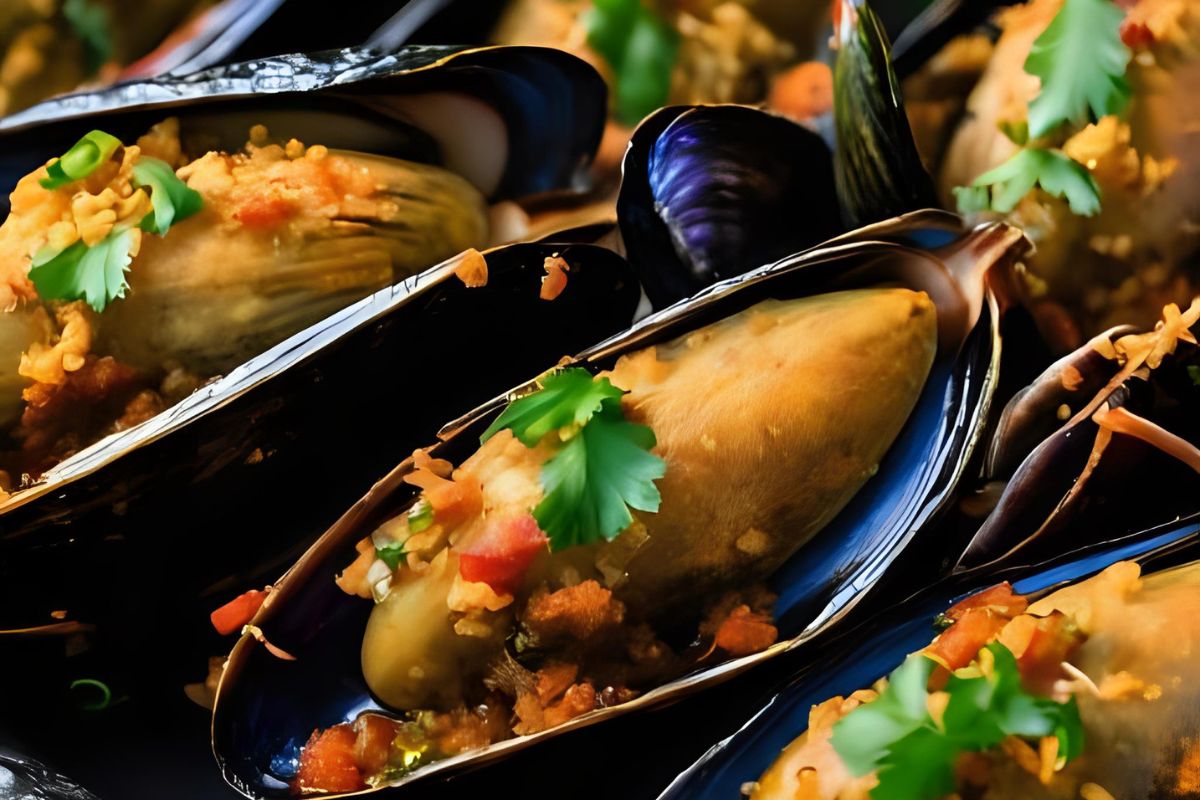 Stuffed Malabar Mussels (Arikadukka) filled with spiced rice and coconut, steamed and fried to golden crispness.