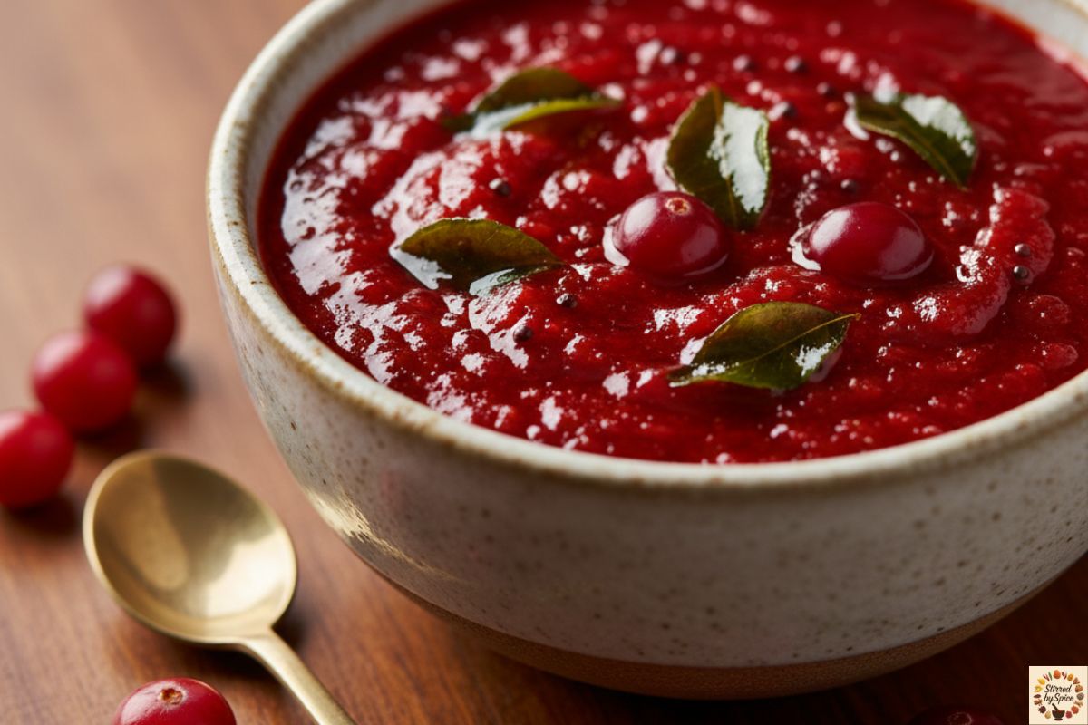 Tangy South Indian cranberry thokku – spiced relish simmered to a glossy finish.