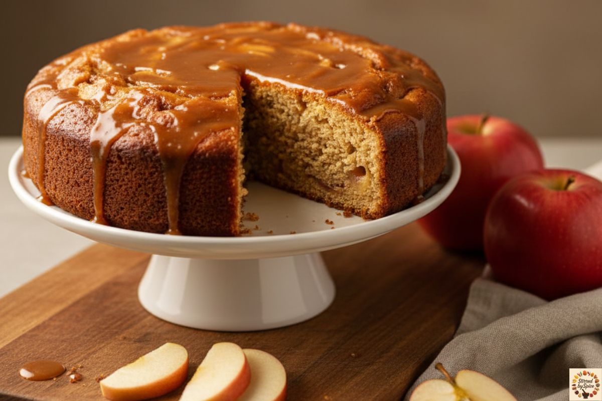 Eggless caramel apple cake with soft baked apples and buttery caramel ribbons.