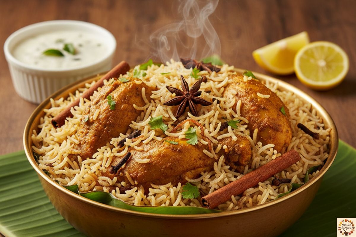 Dindigul Thalappakattu Chicken Biryani made with Jeeraga Samba rice, aromatic spices, and tender marinated chicken