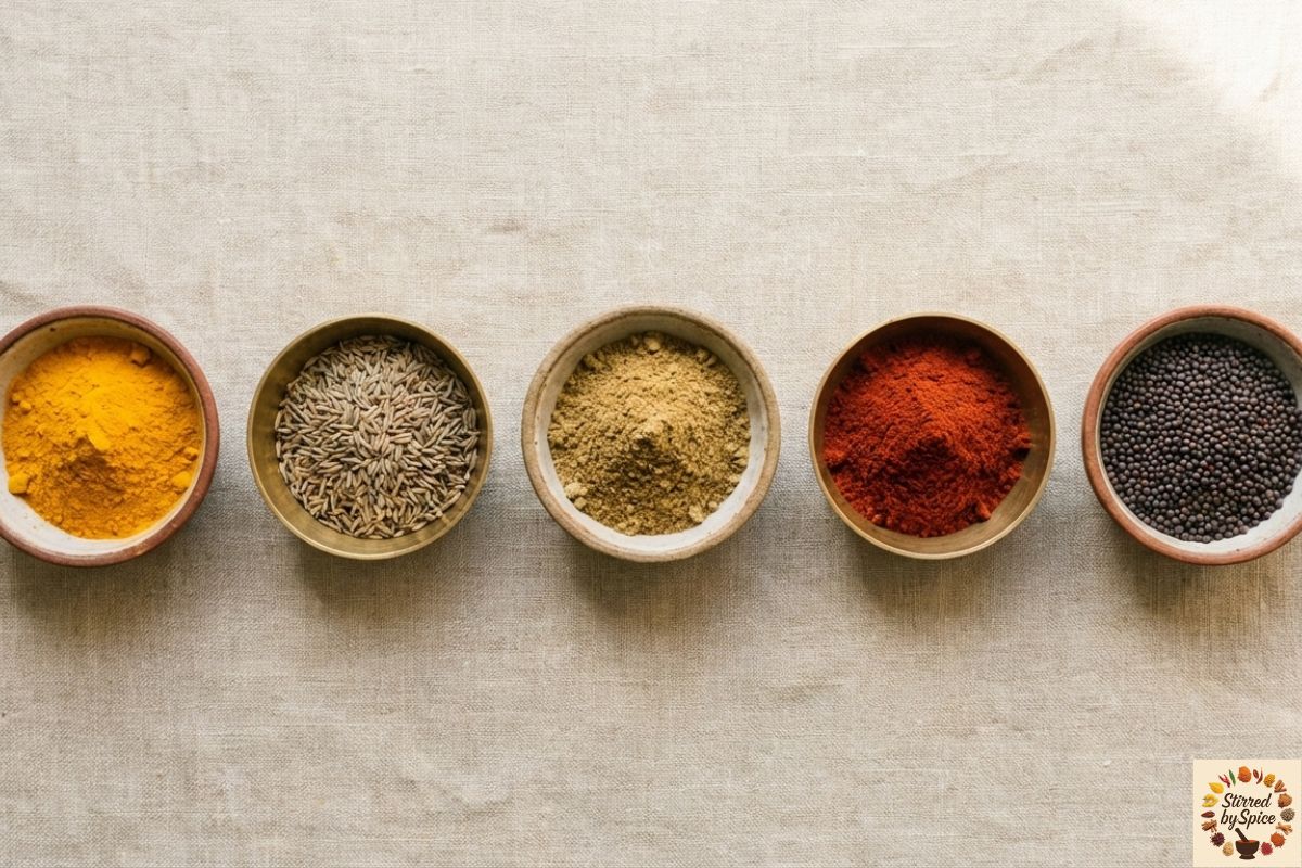 A pot of lentils simmering on a stove in a calm Indian home kitchen with simple spices nearby