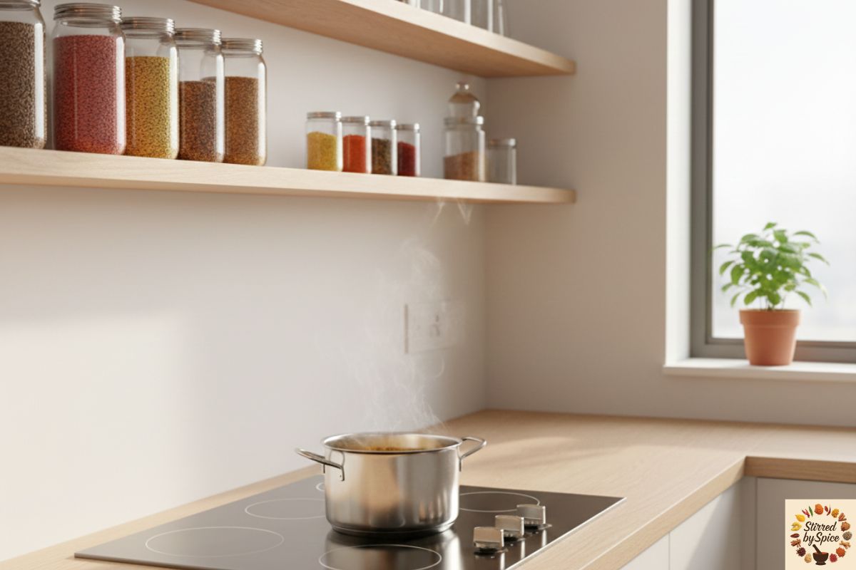 A pot of lentils simmering on a stove in a calm Indian home kitchen with simple spices nearby