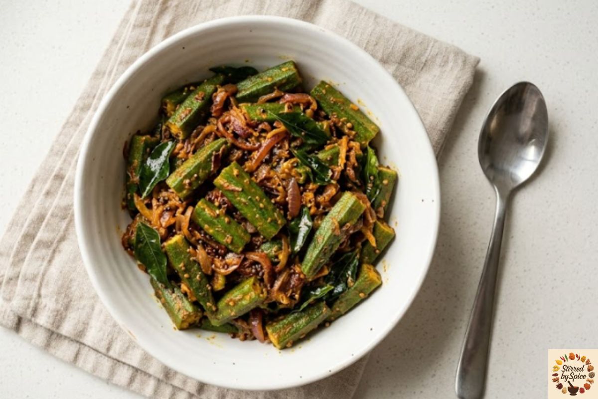 South Indian style okra fry with onions, spices, and yogurt, served in a simple white bowl.