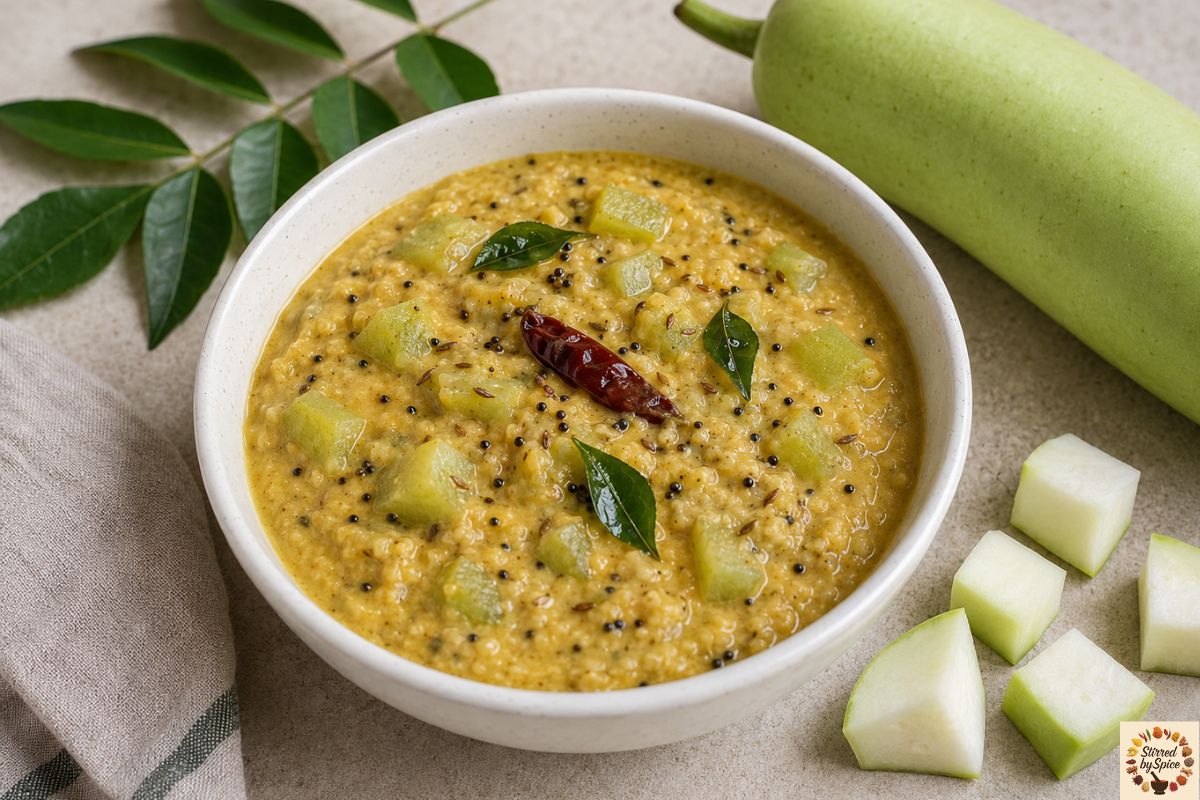 South Indian style okra fry with onions, spices, and yogurt, served in a simple white bowl.