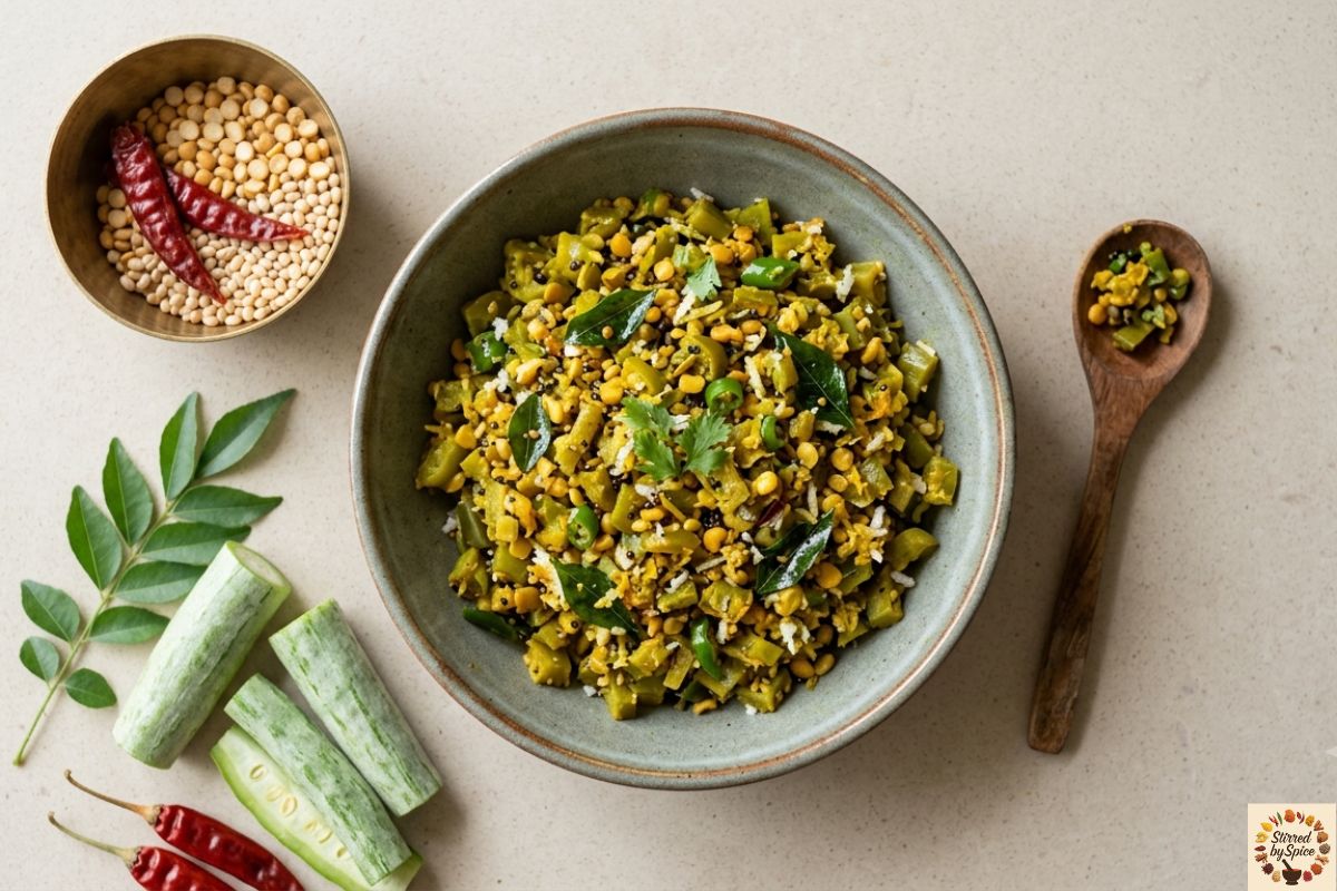 Snake Gourd Poriyal (Pudalangai Poriyal), a South Indian stir-fry made with finely chopped snake gourd, lentils, curry leaves, and spices, served in a ceramic bowl.