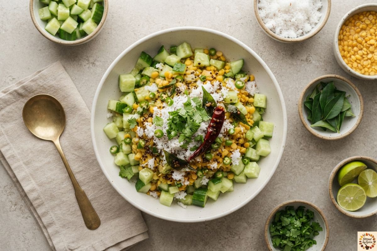 A bowl of traditional South Indian cucumber kosambari made with cucumber, soaked moong dal, grated coconut, cilantro, green chilies, and tempered mustard seeds, garnished with fresh curry leaves and served in a modern ceramic bowl on a neutral kitchen countertop.