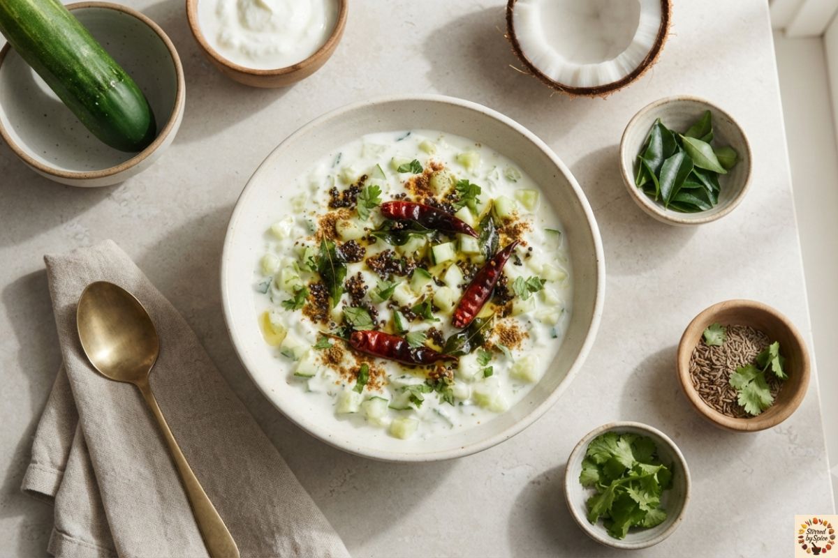 A ceramic bowl of creamy South Indian Cucumber Raita topped with fresh cilantro, cucumber slices, and a light mustard seed tempering on a neutral stone countertop.