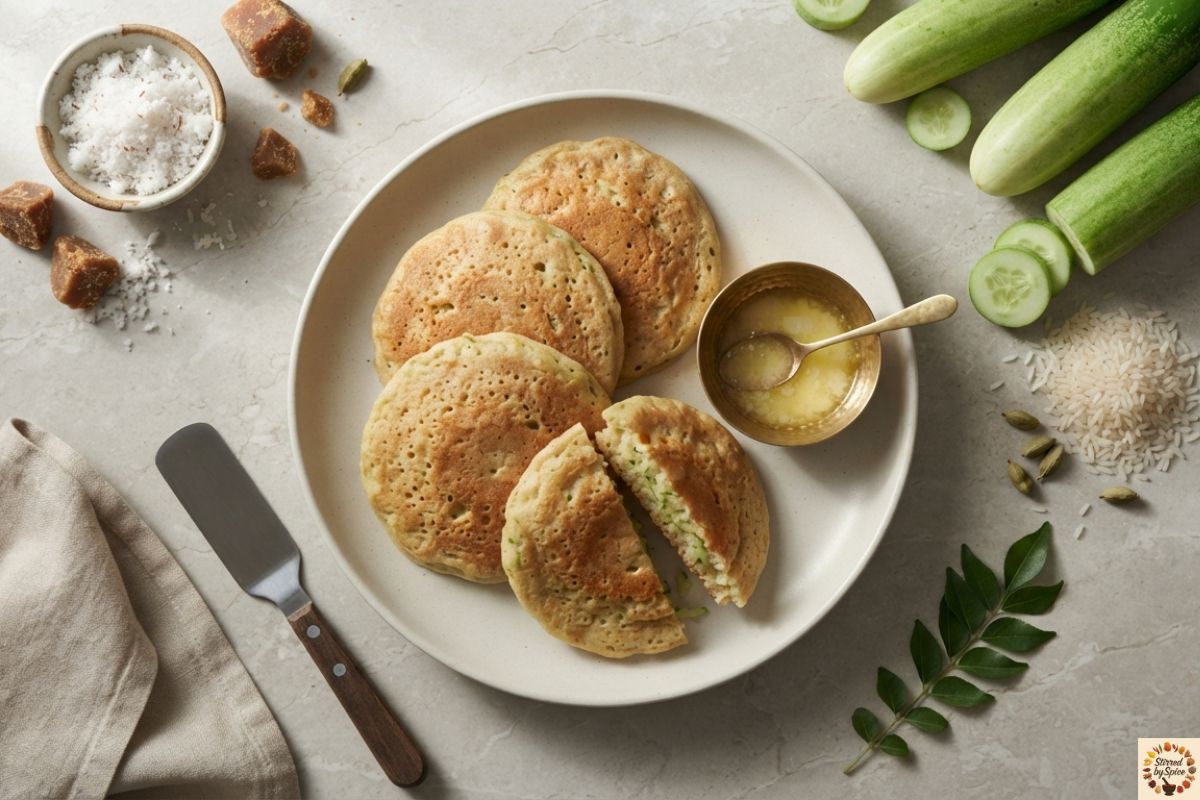 Soft golden Mangalorean cucumber pancakes (Thekkare Dosa) stacked on a ceramic plate with grated cucumber, fresh coconut, jaggery, and curry leaves on a light stone countertop.